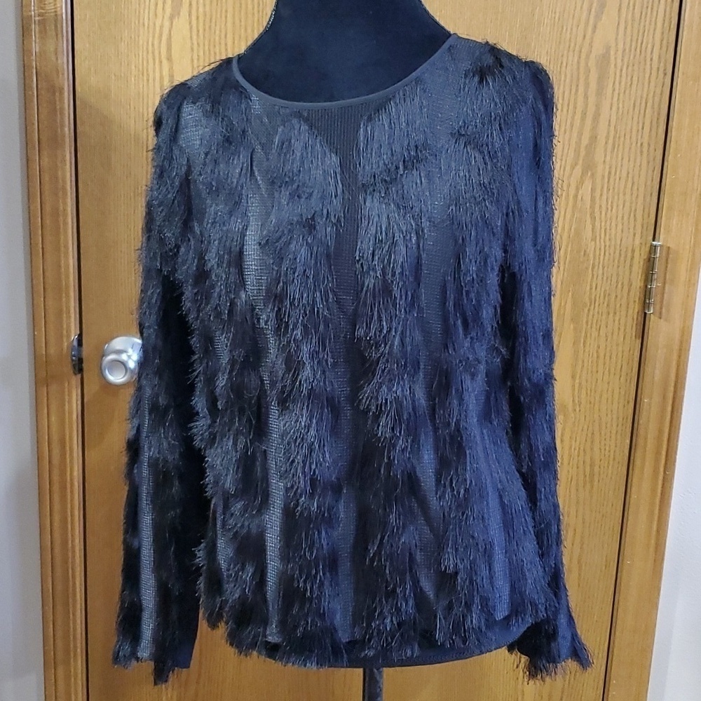 Ann taylor fringed long sleeve statement top NWT black